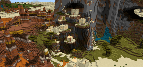 Download Desert Village on Mountain with Exposed Dungeon in Shatter Savanna and Eroded Badlands! - Minecraft PE Seeds